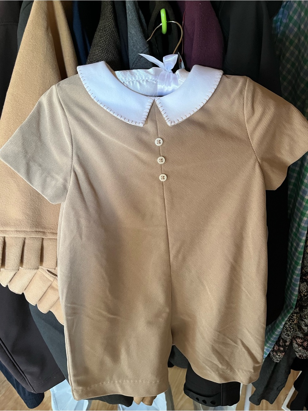 Classic Toddler One-Piece with White Peter Pan Collar - Tan